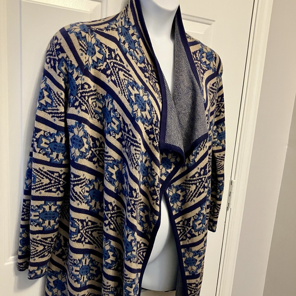 Lucky Brand Size Medium Long Cardigan Sweater Women's Open Front‎ Tan Blue Print